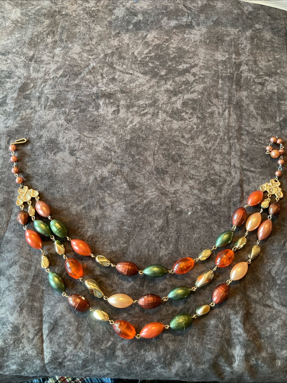 Three-Strand Multicolor Bead Necklace - Green, Orange, Gold